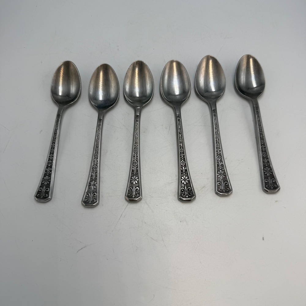 Vintage Interpur Florenz Stainless Steel Japan Teaspoons 6 Floral Fleur De Lis